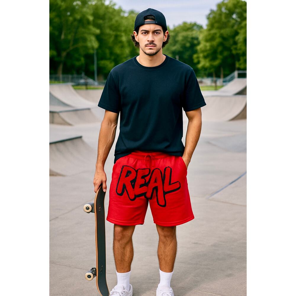 Raw Own The Now Men’s “REAL” Red Knit Sweat Shorts Sz S hip hop streetwear EUC
